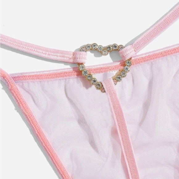 Pink Heart Rhinestone Lingerie Mesh Thong - Picture 3 of 3
